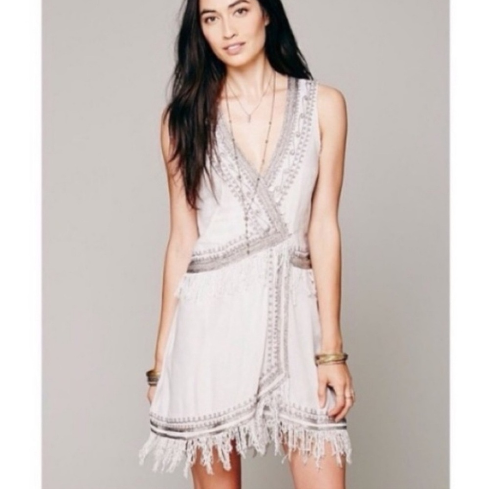 Free People White Beige Embroidered Mini Dress